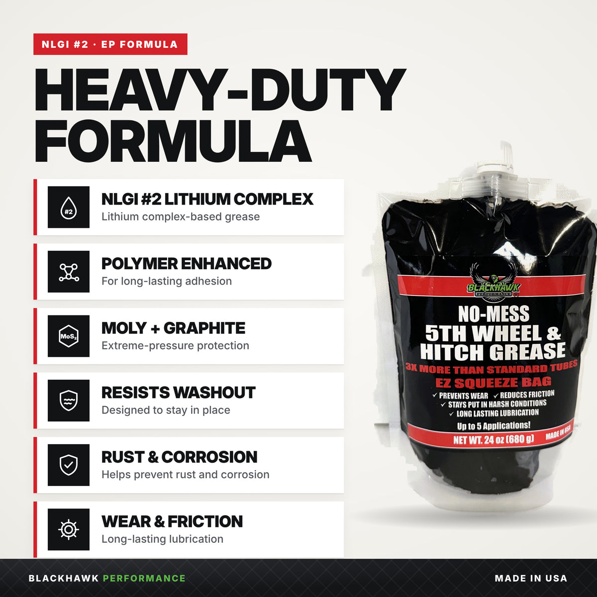 Heavy-duty formula: NLGI #2 lithium complex, polymer enhanced, moly and graphite, resists washout, fights rust, reduces wear