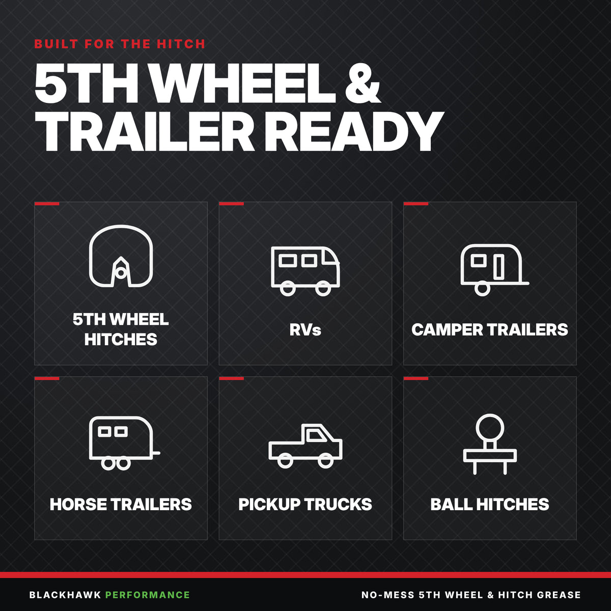 For 5th wheel hitches, RVs, camper trailers, horse trailers, pickup trucks and ball hitches