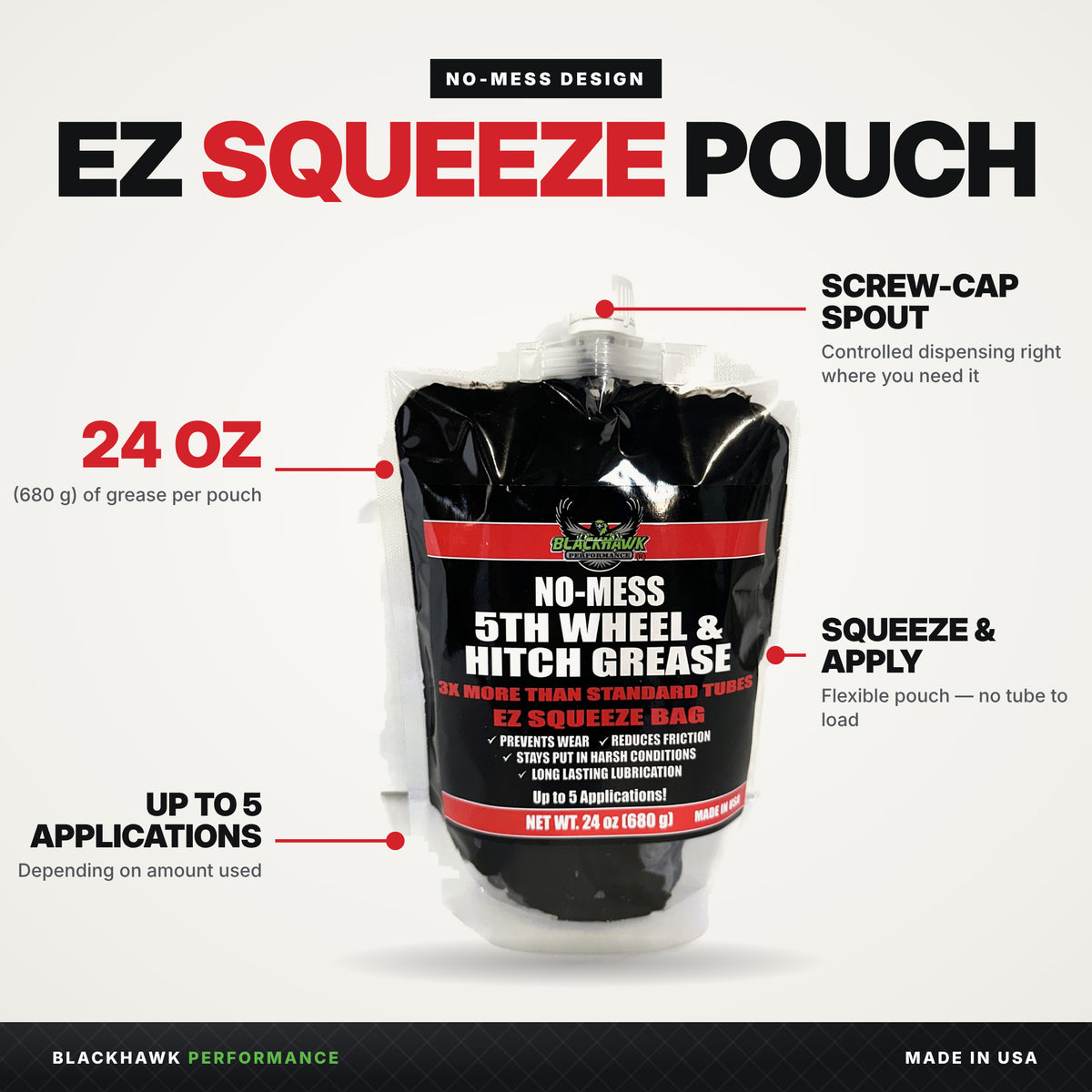 EZ-Squeeze pouch features: screw-cap spout, 24 oz of grease, up to 5 applications, made in USA